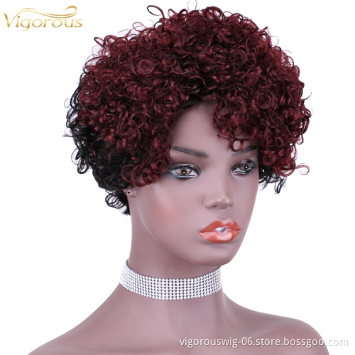 Vigorous Top Quality Ombre Black Roots To Red Afro Kinky Curly Wigs for Black Women Short Side Part Human Hair Wholesale Price